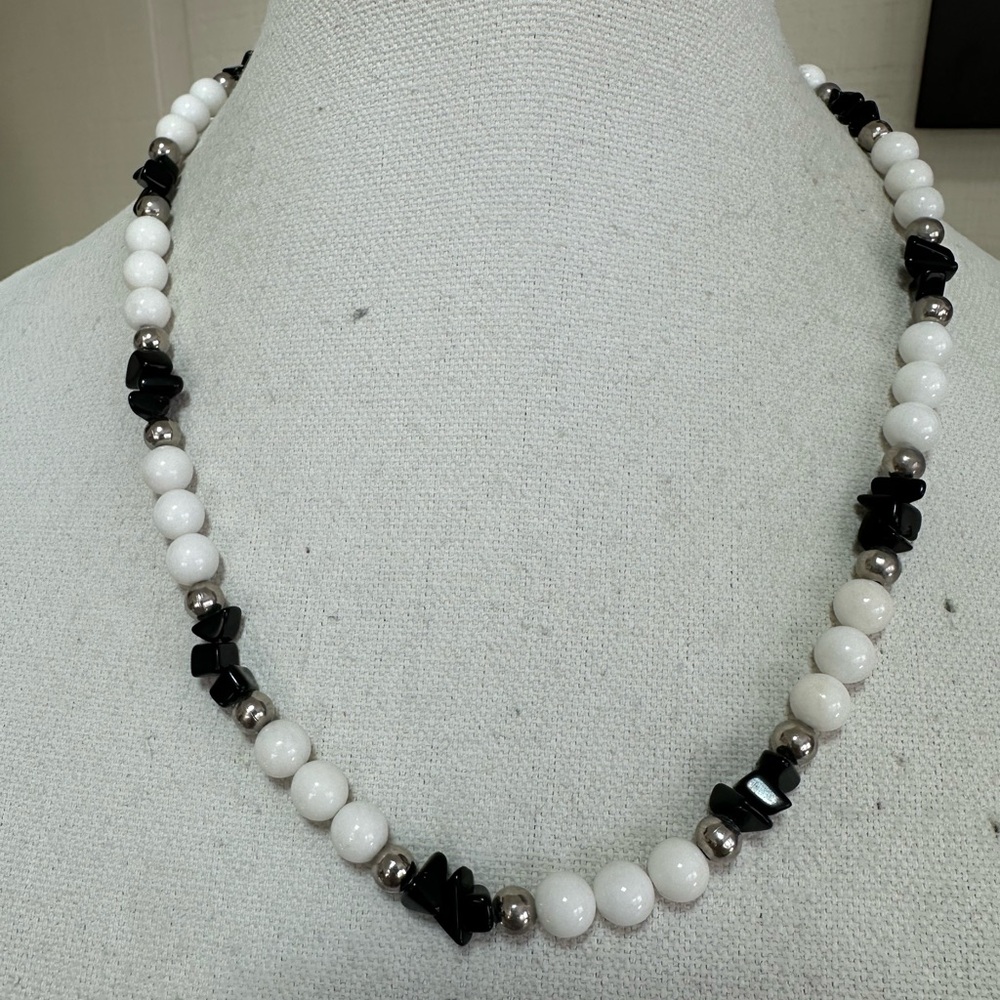 Black and white bead and quartz necklace